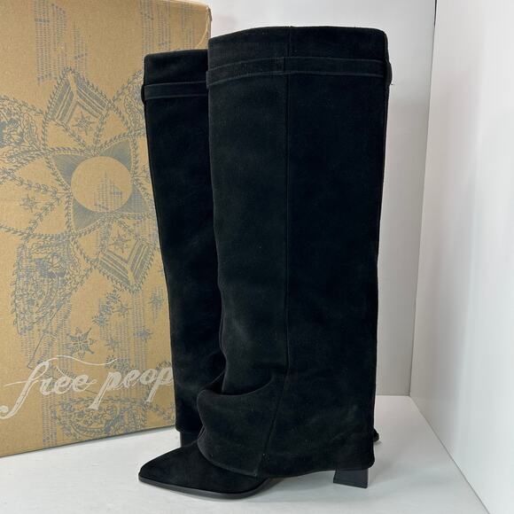 New Free People Felicity Foldover Suede Pull On Boot Black Women's 9.5 NWB - Picture 5 of 11